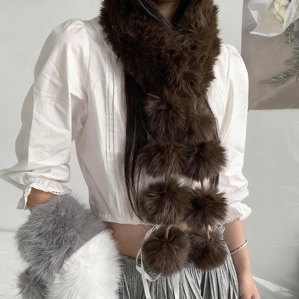 Syal Wanita Bulu Imitasi Rubah Musim Dingin, Syal Bulu Lembut Hangat Vintage, Aksesoris Sweater Mantel Katun Korea, Kerah Sweater