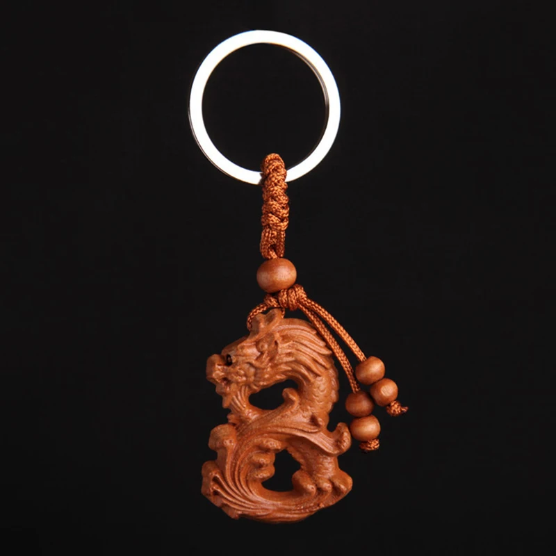 Chinese Style Keychain Peach Wood Zodiac Dragon Keychain Wood Carving Pendant Car Key Backpack Decoration Good Luck Amulet