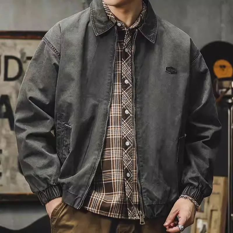American Retro Washed Cotton Work Jacket Men's Spring Autumn Heavyweight Collared  Outerwear Detroit Style Jacket