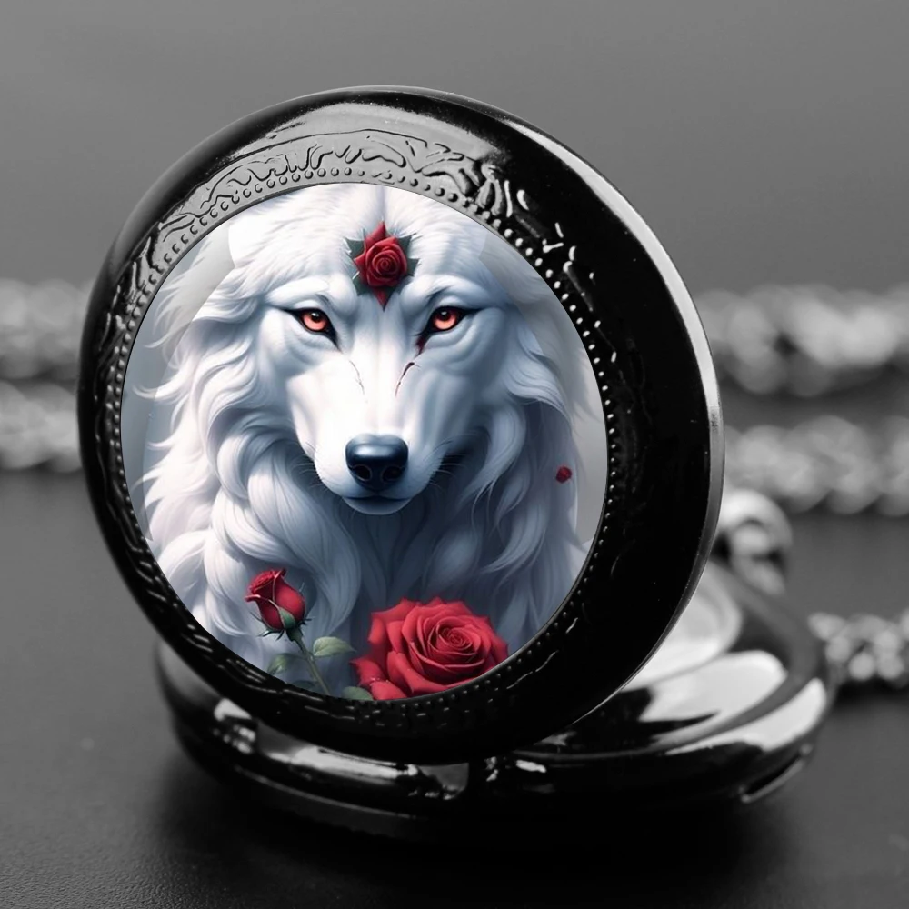 Creative rose wolf Design Quartz Pocket Watches for Women Men Watch Unique Pendant Clock Necklace Kids Jewelry Gift