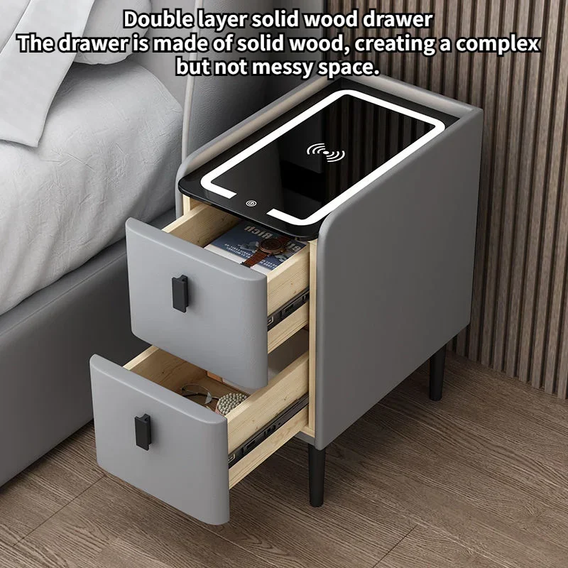 Ultra Narrow Smart Bedside Table Wireless Charging Creative Multi-Functional 3-tone LED Light Home Night Stands for Bedroom