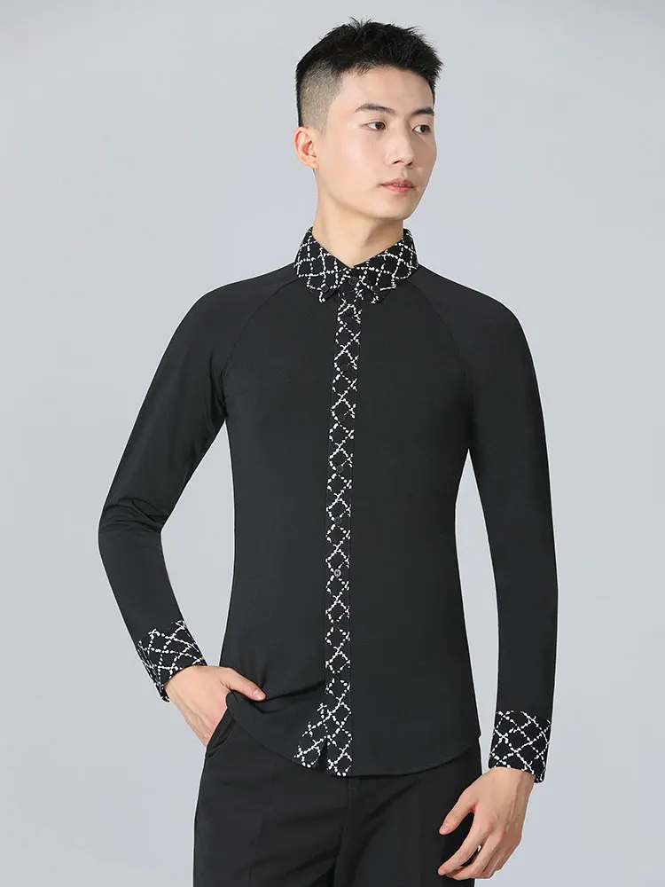 

2025 Modern Dance Shirt Performance New Black Long Sleeve Men's Handsome Shirt Waltz Top