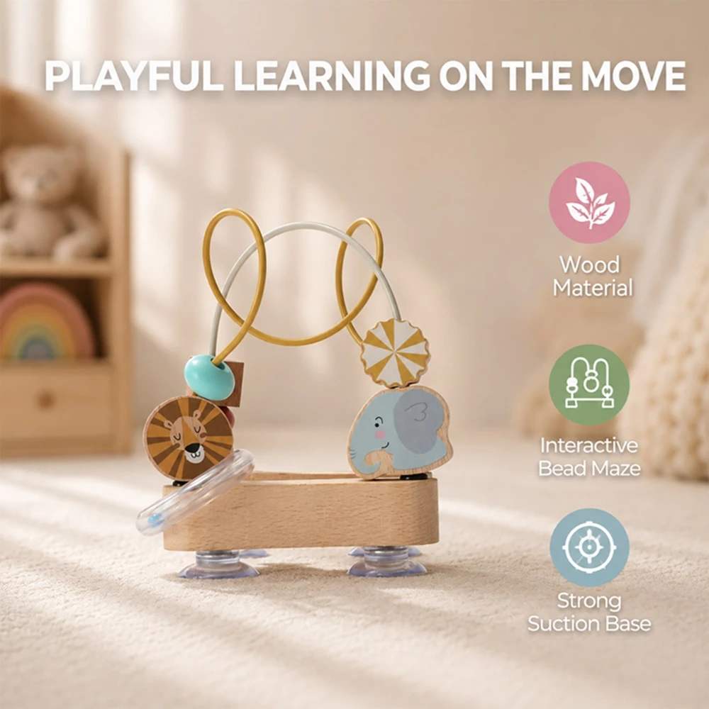 Baby Wooden Cartoon Elephant Bead-Stringing Toy Suction Cup Base Montessori Educational Toy Sensory Development Gift for Kids