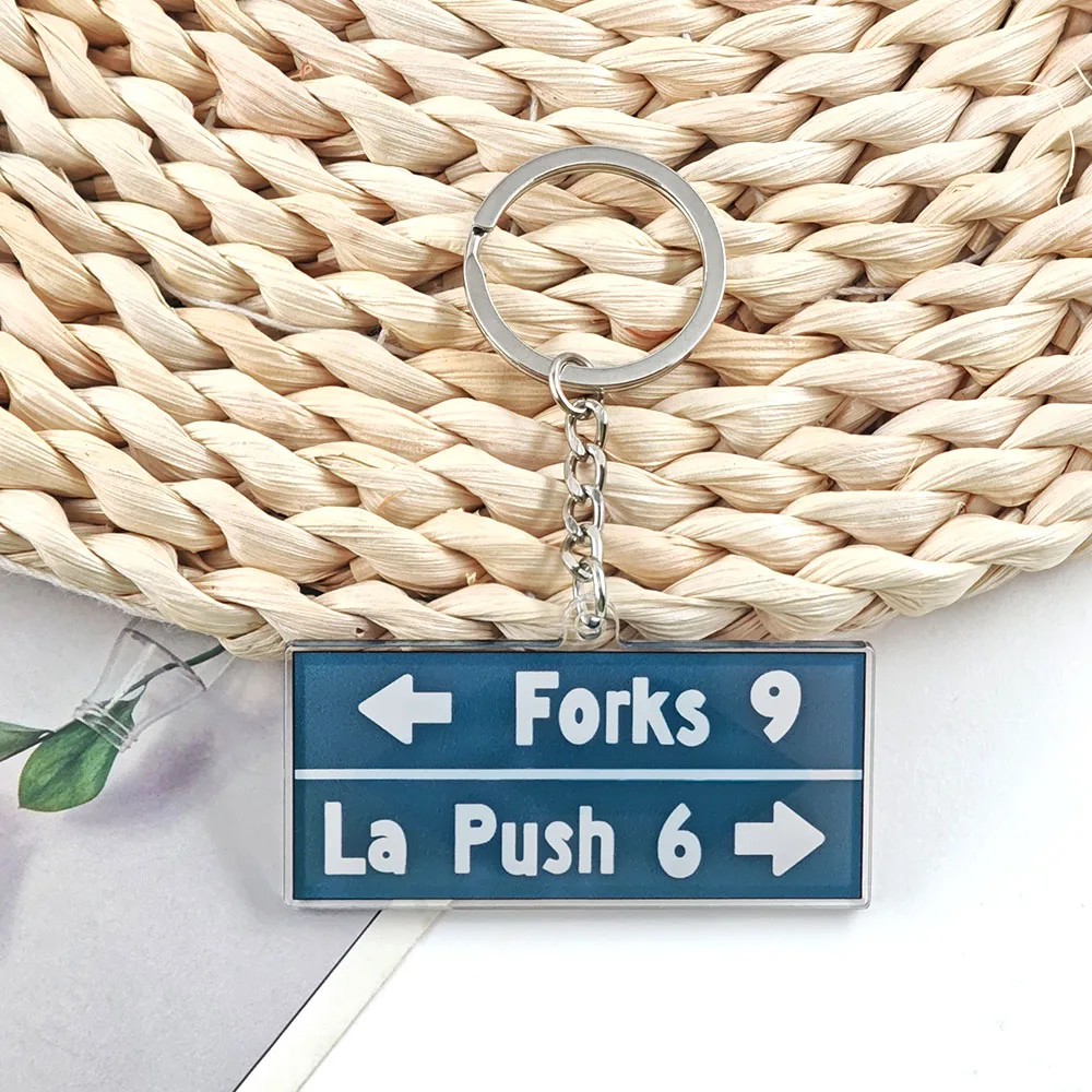 The Twilight Saga Acrylic Keychain Double-Sided Forks La Push Road Sign Keyring Fantasy Movie Cosplay Pendant Fan Accessory Gift