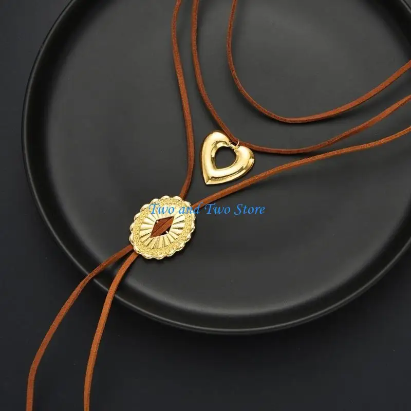 

HX6F Leather Cord Hollow Heart Necklace Adjustable Clavicle Chain Fashion Accessory