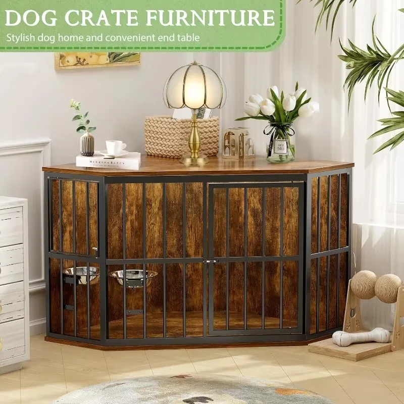 42” Heavy Duty Corner Dog Crate with 2 Stainless Steel Bowls, Chew-Resistant, Rustic