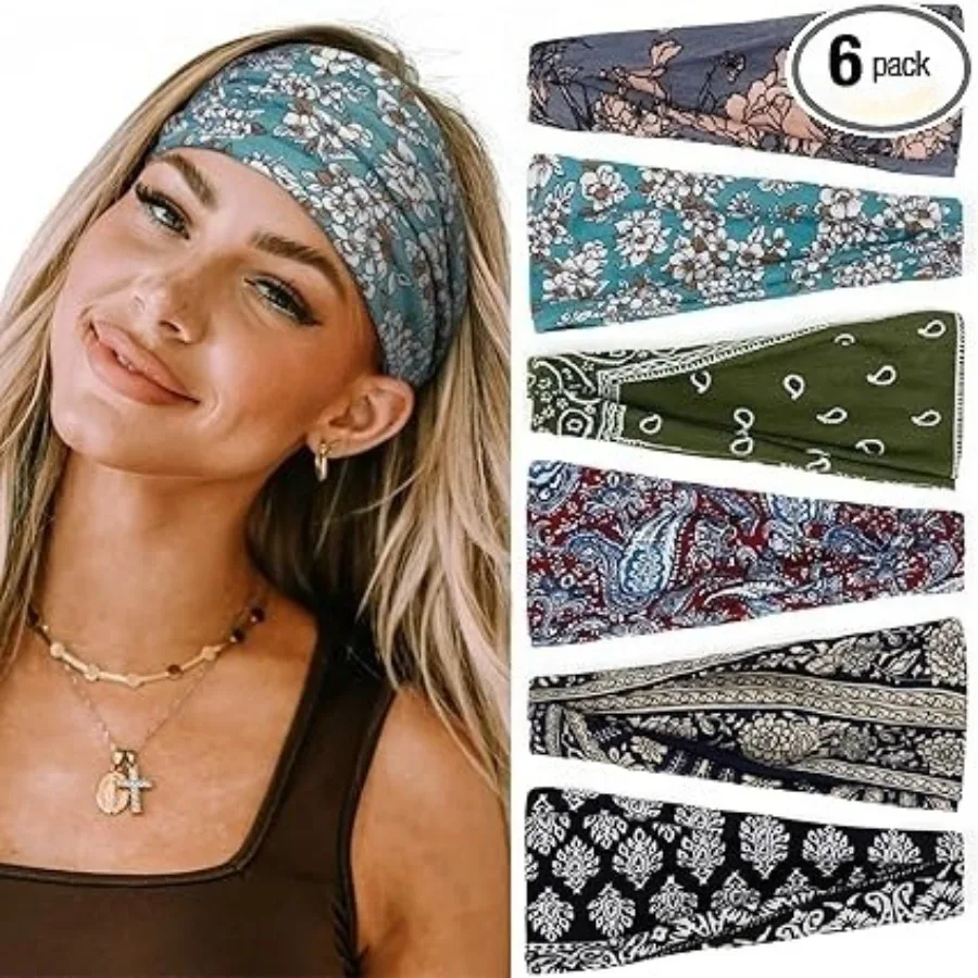 Diademas para mujer, diademas elásticas estilo bohemio para el cabello de mujer, diadema ancha y gruesa antideslizante, diademas de tela suave a la moda para mujer, accesorios para el cabello corto, paquete de 6