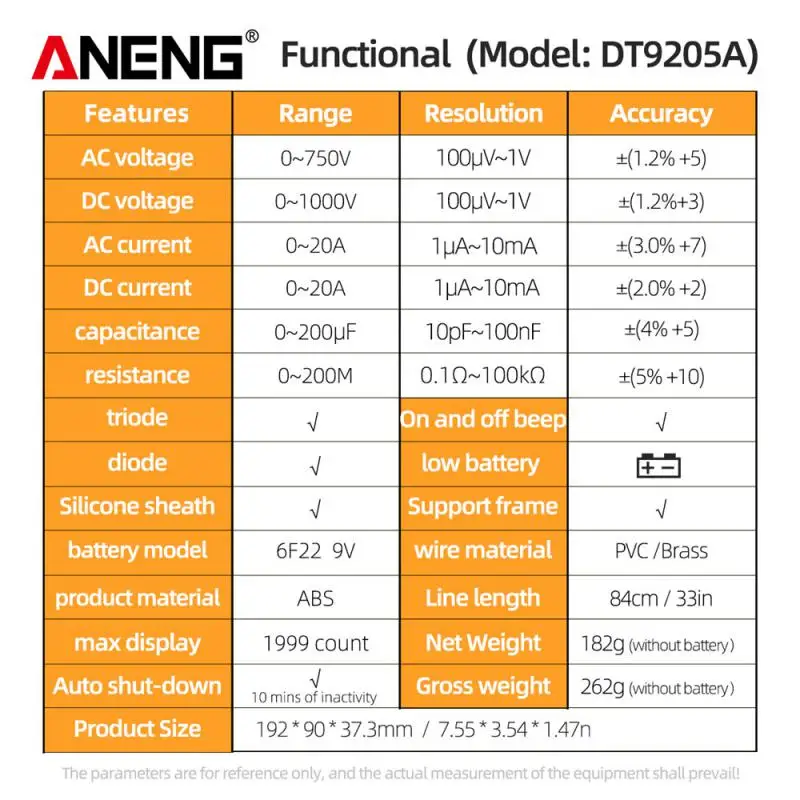 DT9205A-12 Digital Multimeter AC/DC Transistor Tester Electrical NCV Test Meter Profesional Analog Auto Range Multimetro