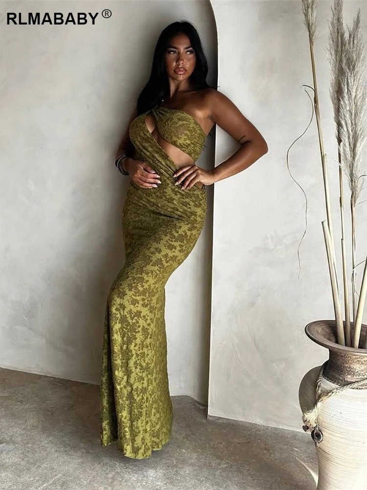 RLMABABY Um Ombro Assimétrico Jacquard Bodycon Maxi Vestido Mulheres Backless Cintura Cortar Elegante Praia Verde Sexy Vestido Longo