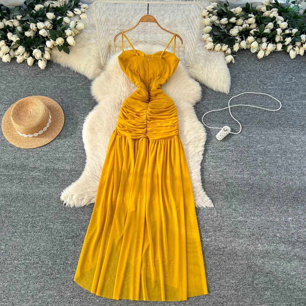 シックなヴィンテージセクシーなプリーツスリーブレスエレガントフェアリーボヘミアンサマードレス女性服ロングドレス