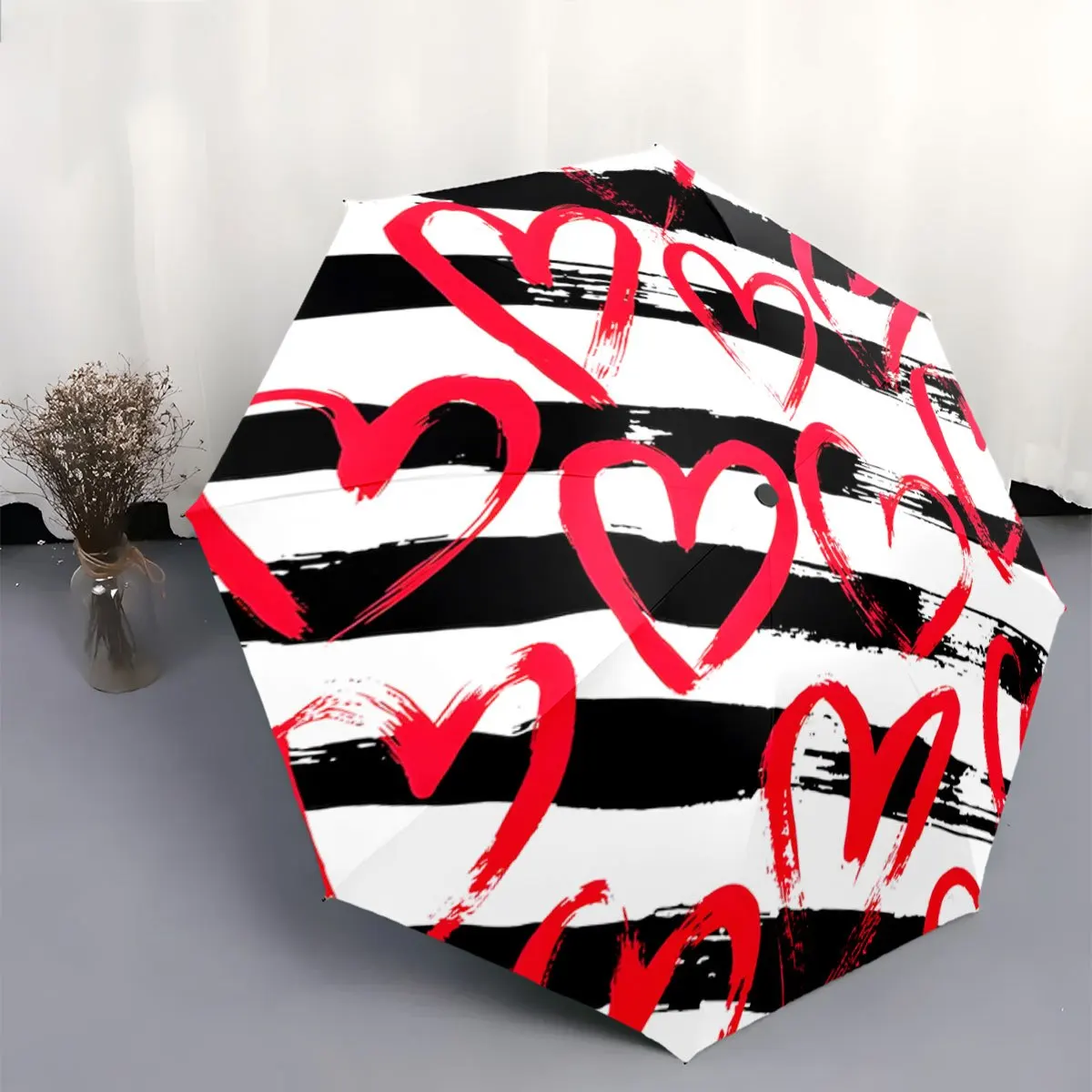 

Open/Close Portable Folding Umbrella with Striped Canopy & Bold Heart Design - Compact Umbrella Suitable for Travel, Backpack,