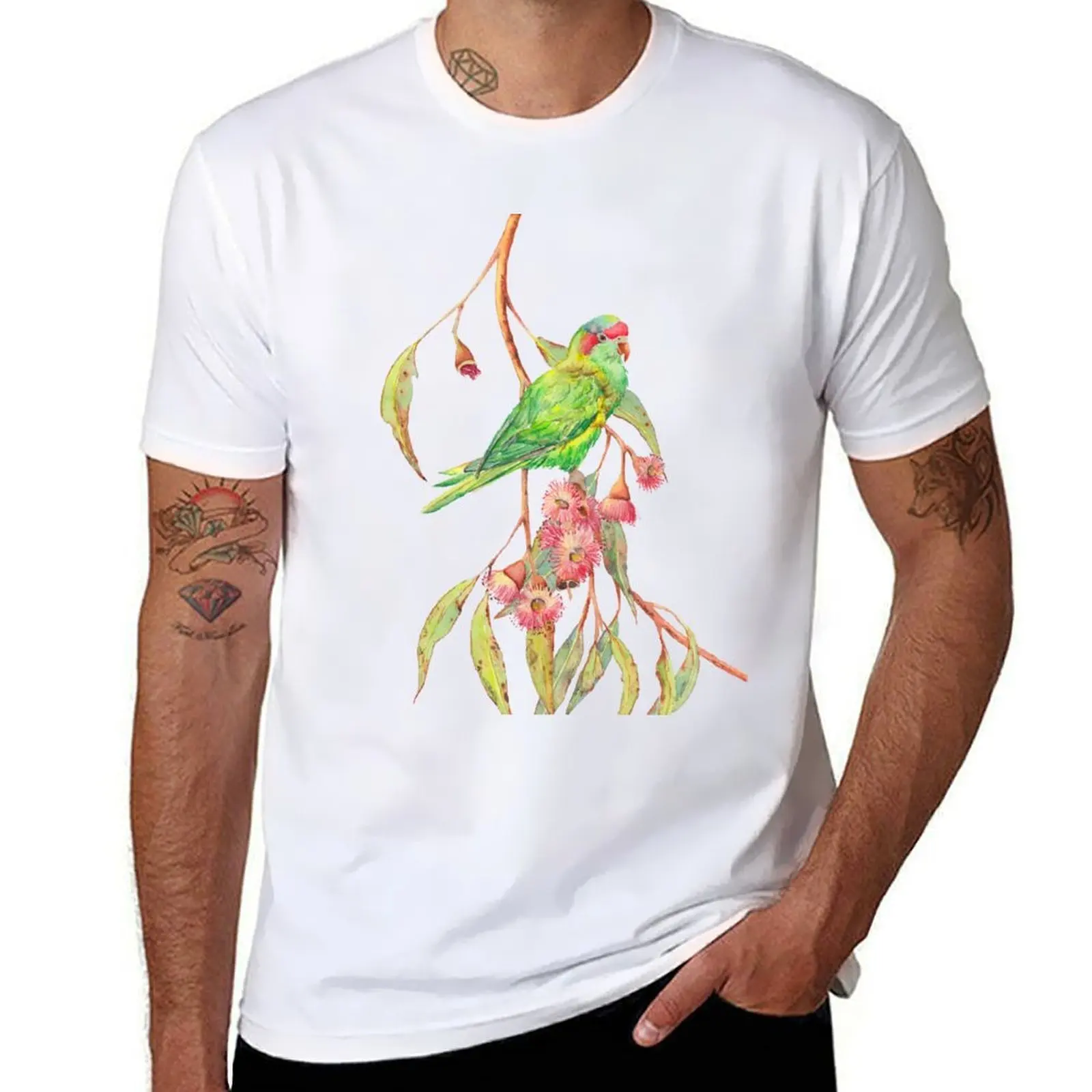 

Musk Lorikeet and eucalyptus branch watercolour painting T-Shirt t shirts for man cotton funny t shirt man plain T-Shirt