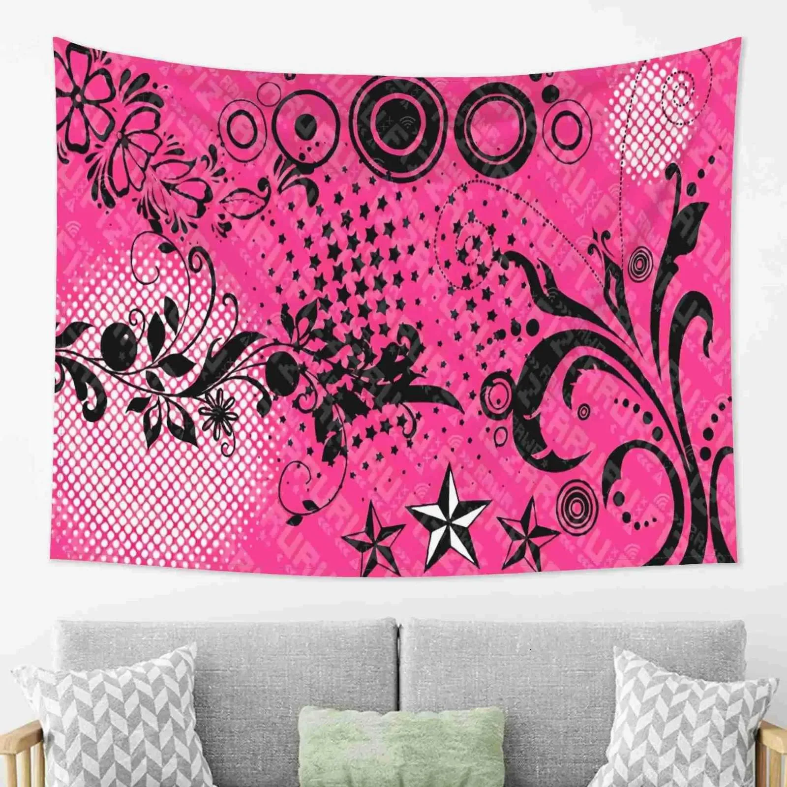 VIKAMA Y2K Millennium Style Black Pink Graffiti Tapestry Star Flower Wave Dot Printing Hanging Cloth Room Decoration X260819