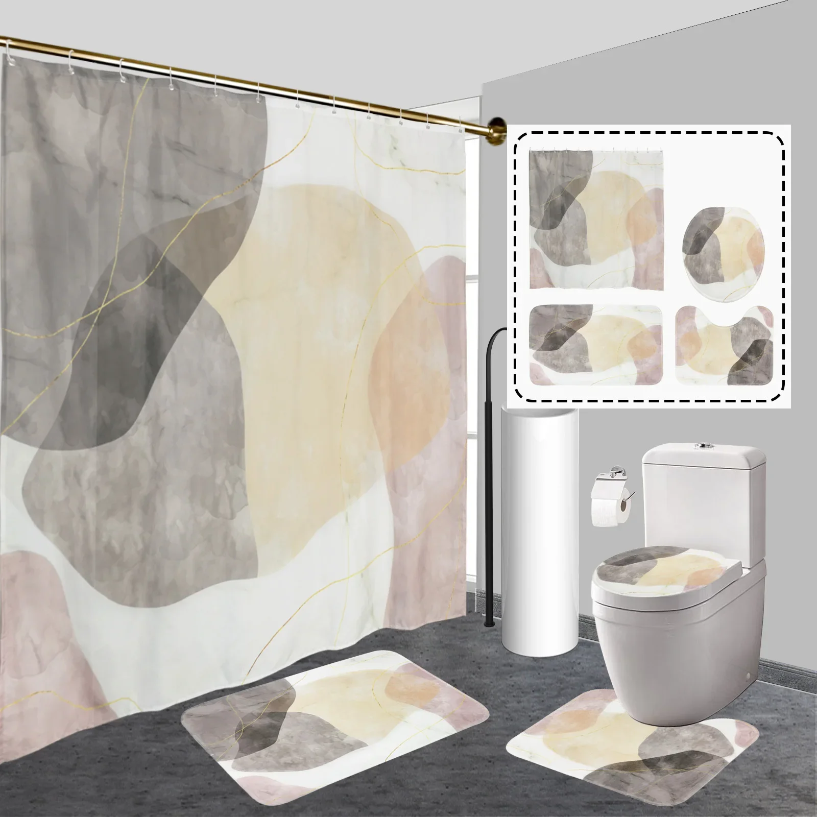 

[Современный набор для ванной] Современный набор для ванной комнаты из 4 предметов — занавеска для душа и нескользящий коврик с 12 крючками — украшение для дома