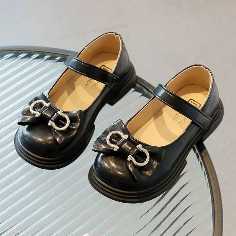 Girls Leather Shoes Spring Autumn New Kids Britain Style Fashion Bow Children Black Beige Soft Shallow Casual Shoes Breatheable