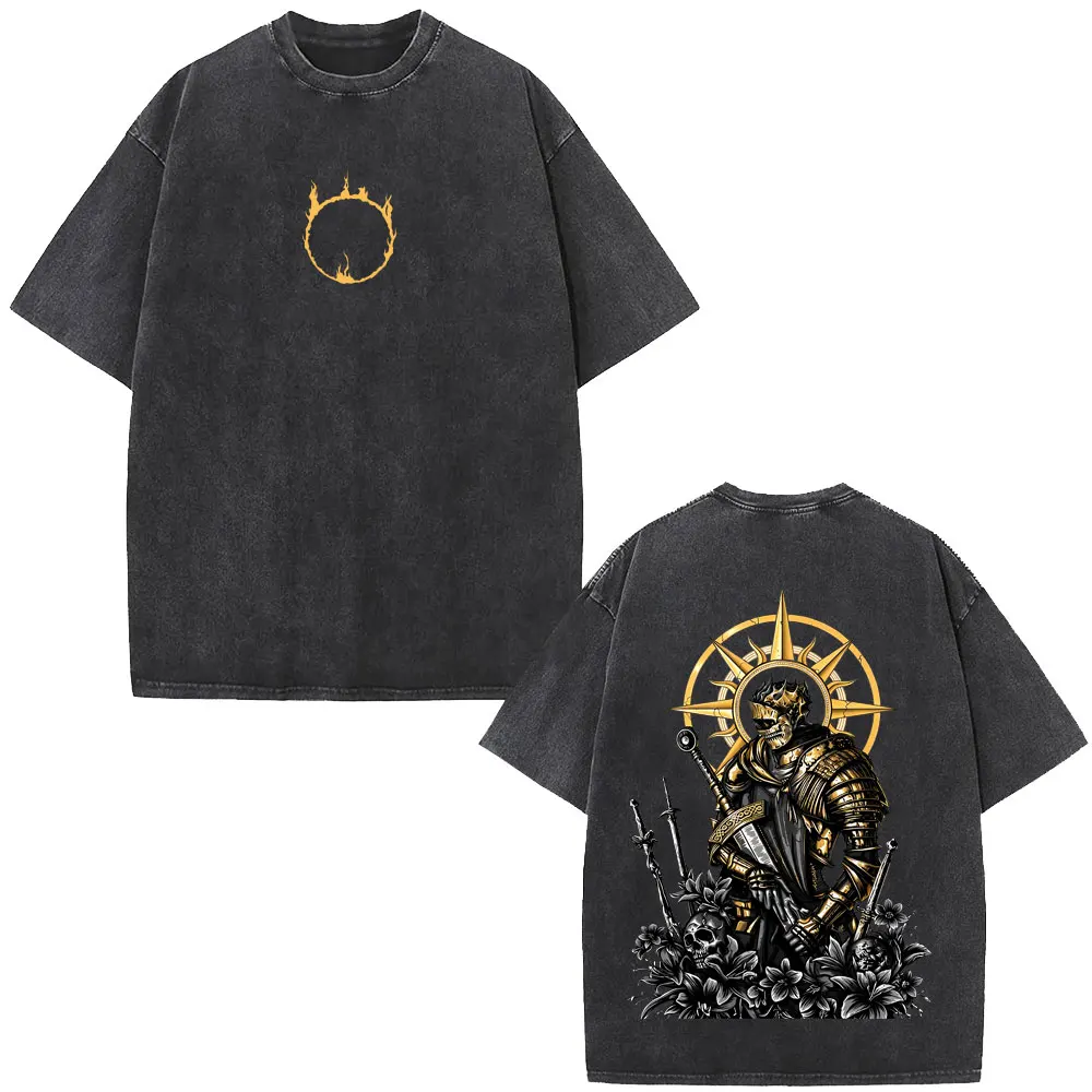 Washed Vintage Game Dark Souls Graphic T Shirt Solaire of Astora Print T-shirt Men Women Gothic Rock Casual Oversized T-shirts