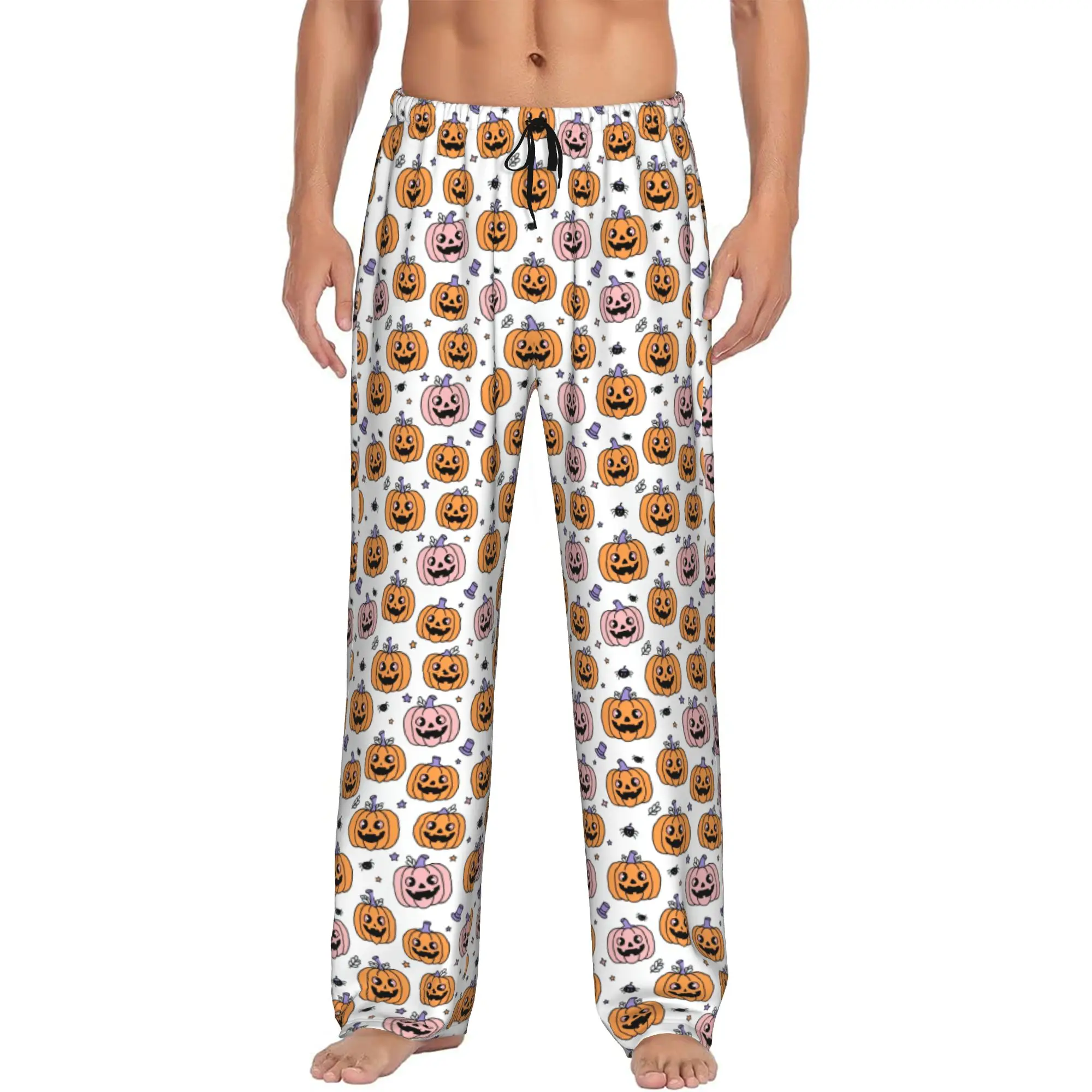 Custom Print Men's Halloween Pumpkin Pajama Pants  Sleepwear Sleep Lounge Bottoms with Pockets