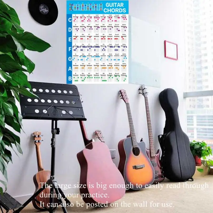 Guitar Chord Poster Chart for Beginners with 56 Color Coded Chords, Small Large Size Optional, Educational Reference Guide