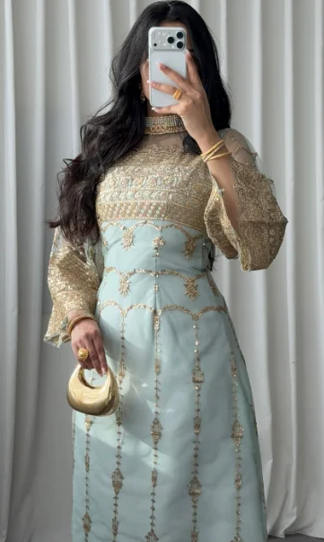 Custom High Neck A‑Line Party Gowns Bell Flare Sleeve Gold Beaded Embroidery Tulle Women Evening Prom Dresses