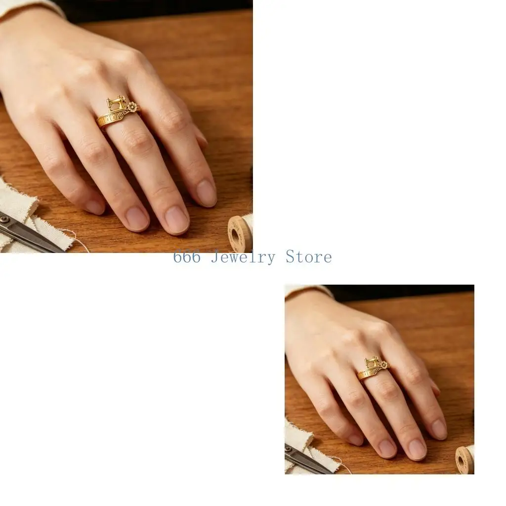 F2TD Craft Inspired Sewing Machine Ring Vintage Metallic Zinc Alloy Accessory for Casual Wear Themed Looks and Gifts