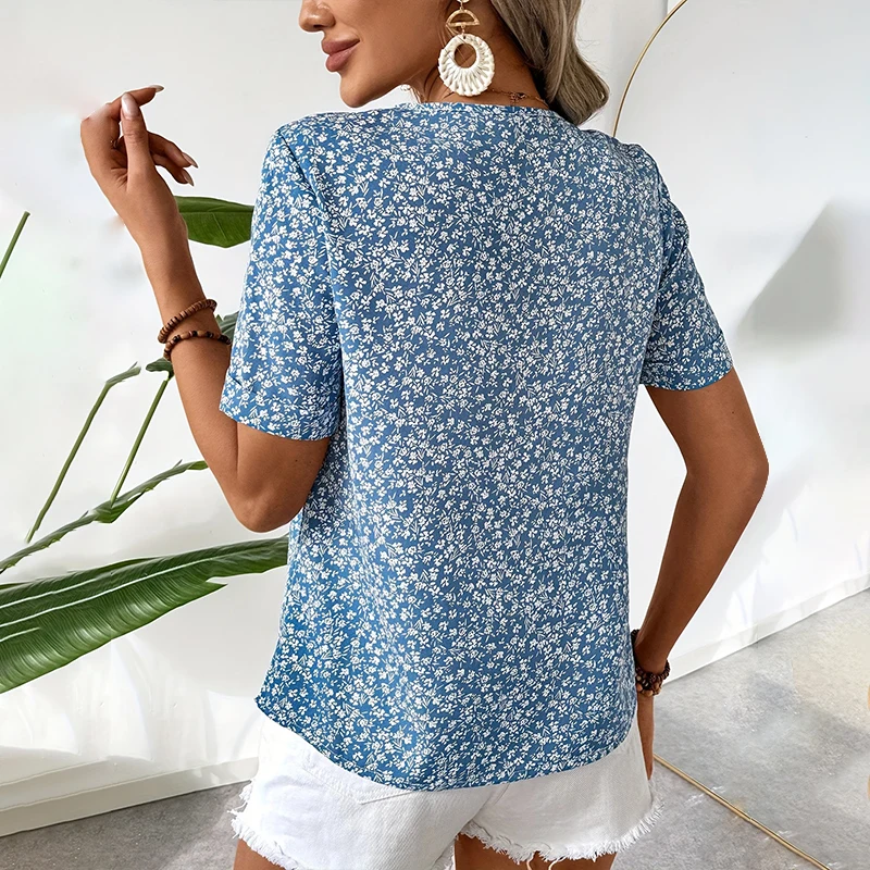 Women\'s Shirt V-neck small floral print Sweet small fresh short sleeve chiffon shirt top Breathable summer polyester casual nobl