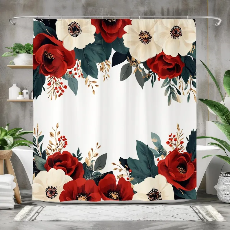 Burgundy Floral Shower Curtain, Romantic Red and Ivory Flower Bathroom Decor, Elegant Vintage Fabric Curtain Modern Homes