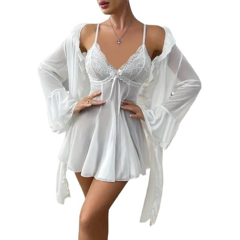 Sexy Lingerie Large-sized 200-pound Overweight Lady's Sexy Pajama Set with Suspenders Sheer Transparent Nightgown and Lace Trim