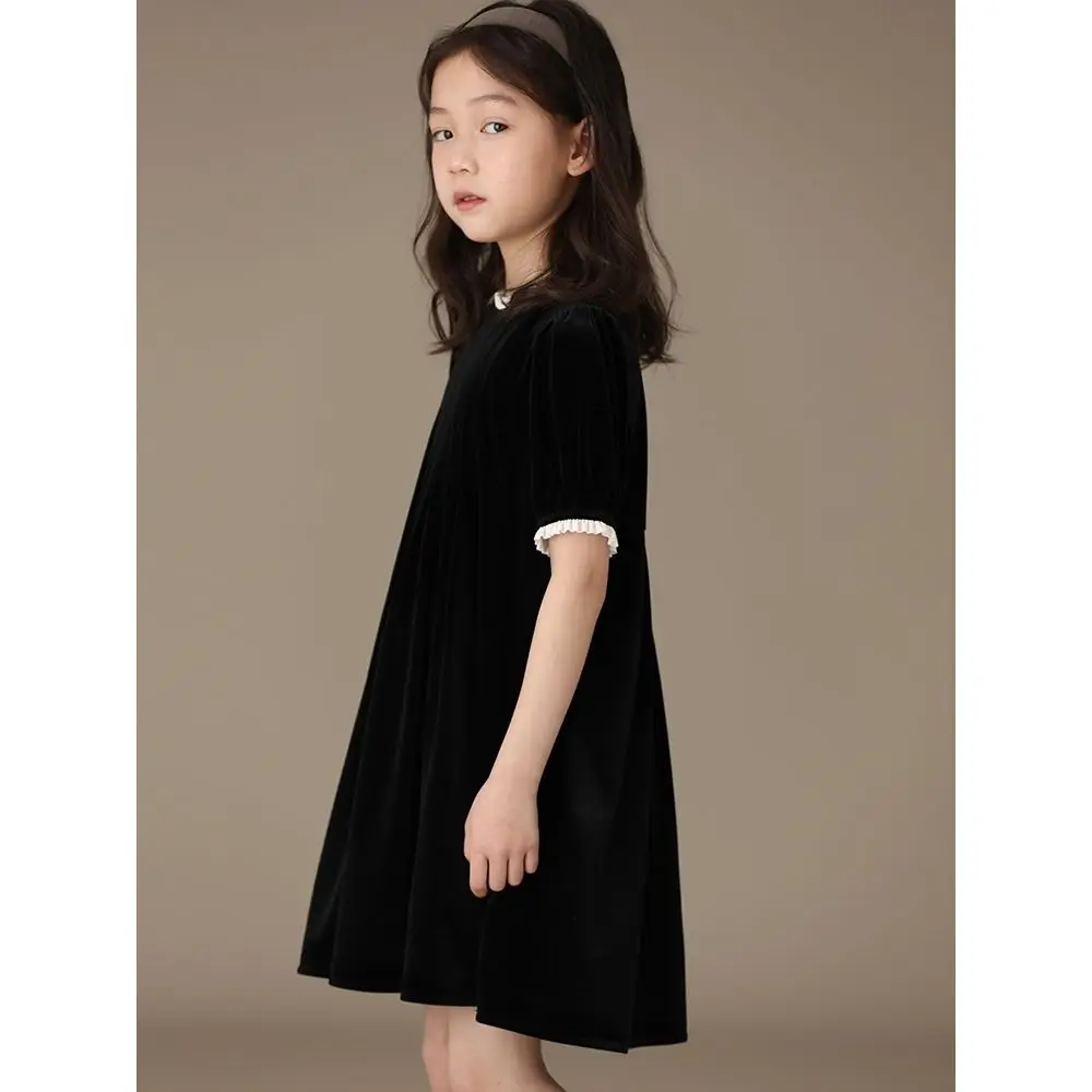 Summer New Children Girls Dress Crewneck Elegant Black Color Pleuche Short-sleeved Princess Dress for 4-12Y Kids