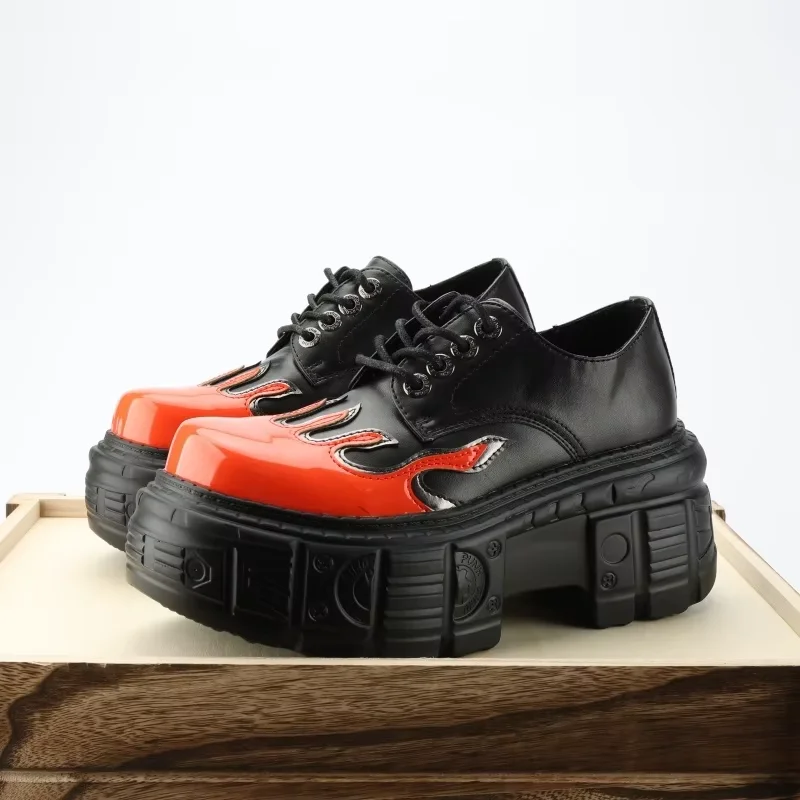 Flame Chunky Heel Platform Women's Sneakers Fashion Large Size All Match Leather Casual Trainers Mujer Mixed Color Runway Shoes