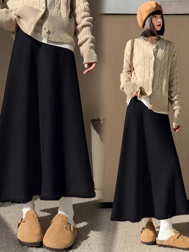 Fashion Tassel Knit Skirt Autumn Winter Elegant Loose Hanging Umbrella Skirt Solid Color High Waisted Mid Length A-line Skirt