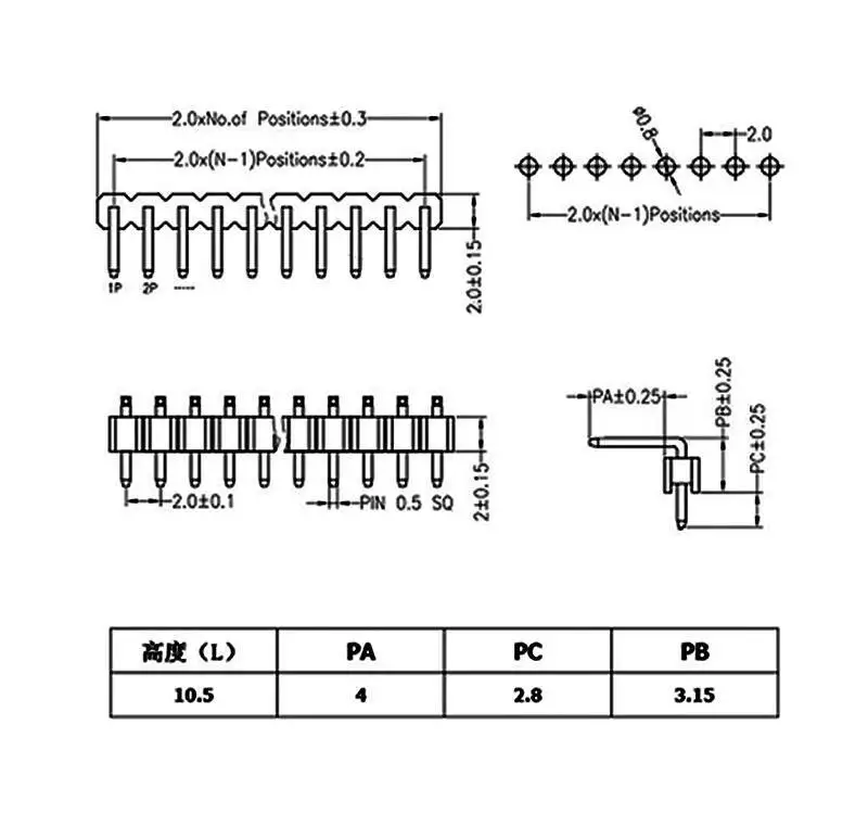 20 Stück 2mm Einreihiger Gebogener Stiftleisten-Stecker mit 2,0mm Abstand, 90 Grad, 1*3/4/5/6/8/10/40P Kupfer – Detail 1