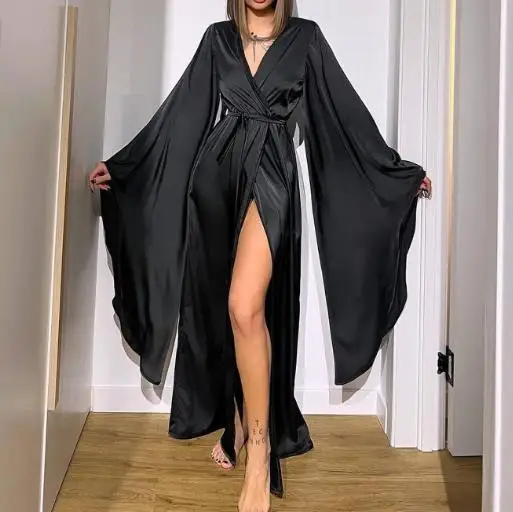 Comfortable and Casual Temperament for Autumn and Winter, Home Women's Lace Up Nightgown, Slit Robe