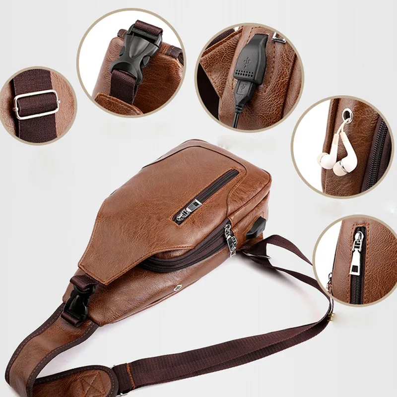 Men\'s USB Chest Bag Designer Messenger Crossbody Package PU Leather Shoulder Bags Diagonal Package Travel Chest Bag Bolso Hombre