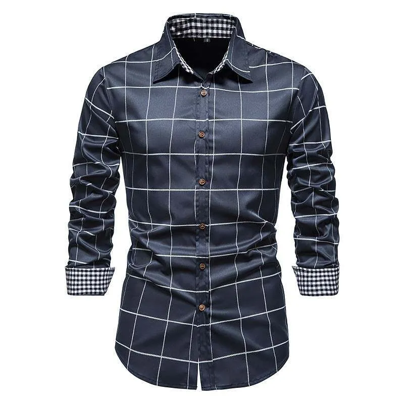

European Style Autumn Plaid Longsved Shirt Men's Thickened PU Leather Fabric Long Sleeve Casual Fashion Resistant to Fading