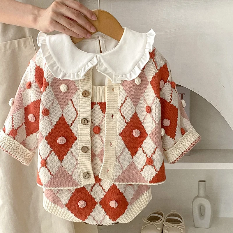 

Children Clothing Suit Long Sleeved Printed Knitted Cardigan Coat+Jumpsuit Autumn Spring Newborn Baby Girls Knitted Clothes Set