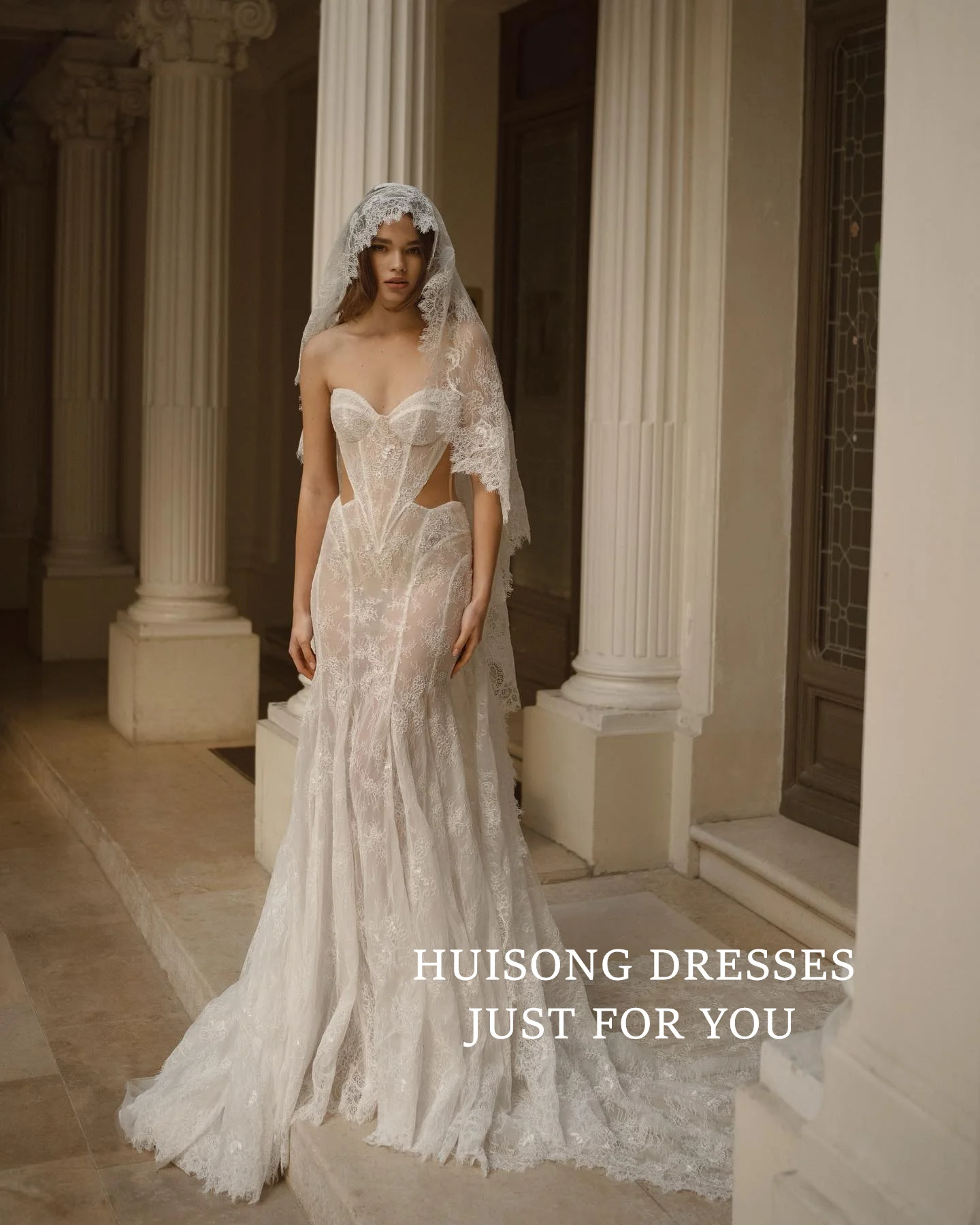

HUISONG Customized Mermaid Wedding Dresses Lace Appliques Sweetheart Sleeveless Boho Wedding Gown