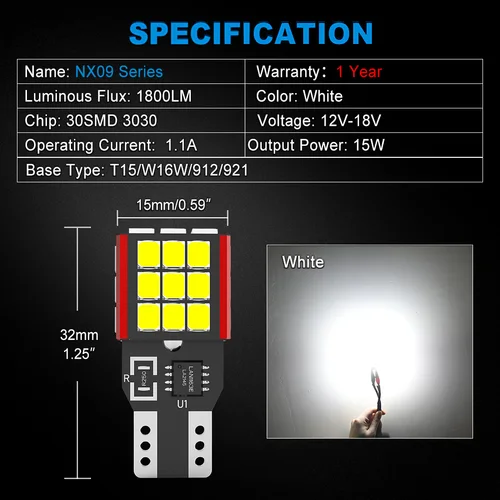 Imagen 2 del producto NAO T15 W16W bombilla LED CNABUS sin Error T16 15W 1500LM 921 30SMD 3030 luz de respaldo de coche superbrillante blanco 12V lámpara de marcha atrás automática
