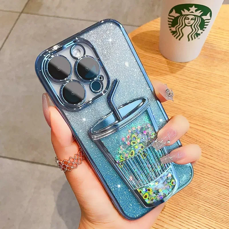 Suitable for Iphone15promax Gradient Glitter Powder Quicksand Cup Phone Case Apple 13 Lens Protector Drop-Resistant Soft Case