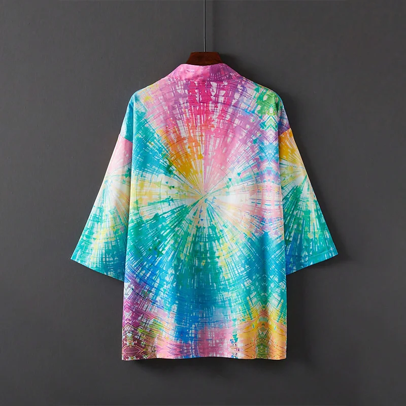 

Европейская и американская мода свободного покроя с рукавом три четверти унисекс элитный тай-дай красочное кимоно с 3D принтом хаори летний гавайский пляжный отдых купальник накидка цельный халат