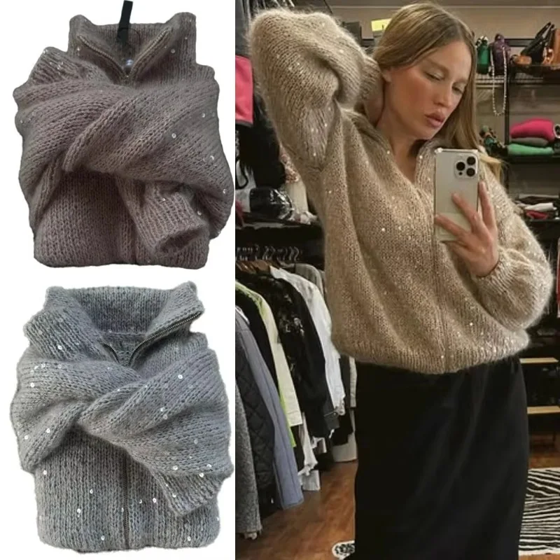 New Sparkly Sequin Sequin Knitted Cardigan Stand Collar Long Sleeve Y2K Sweater Glitter Lapel Coat Autumn Winter