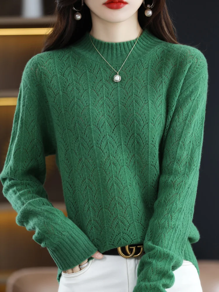 Spring Autumn 100% Merino Wool Mock-neck Pullover Sweater For Women Hollow Out Cashmere Knitwear New Fashion Female Clothing Top