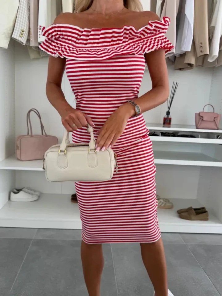 

Fashion Striped Print Dress Spring Summer Sexy Slim Spliced Wrinkled Lace Off Shoulder Midi Dresses Commuter Women Clothing