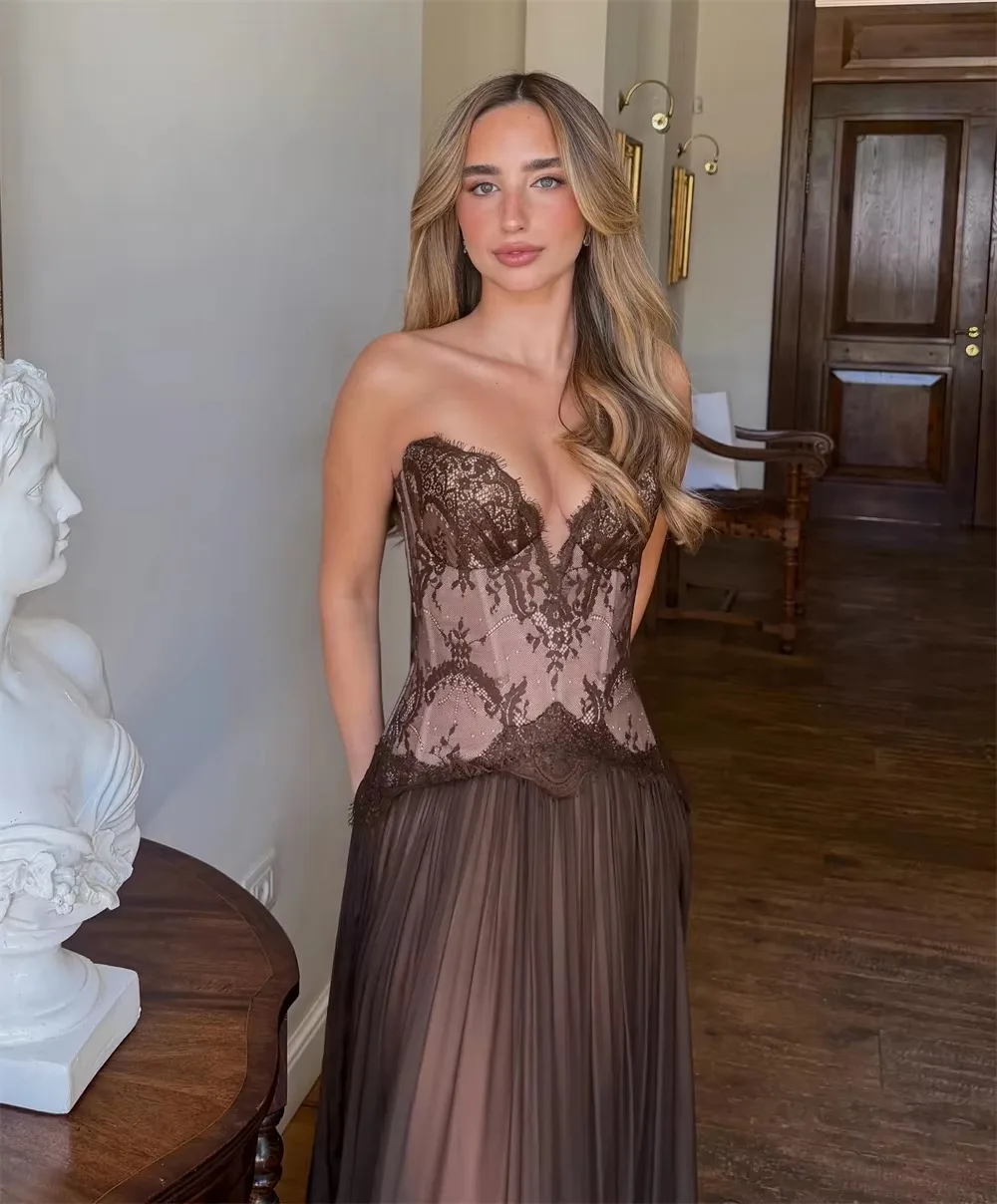 Women Sexy Strapless Lace Corset Dresses Elegant Formal Evening Sheer Tulle Split Long Maxi Gown For Ladies