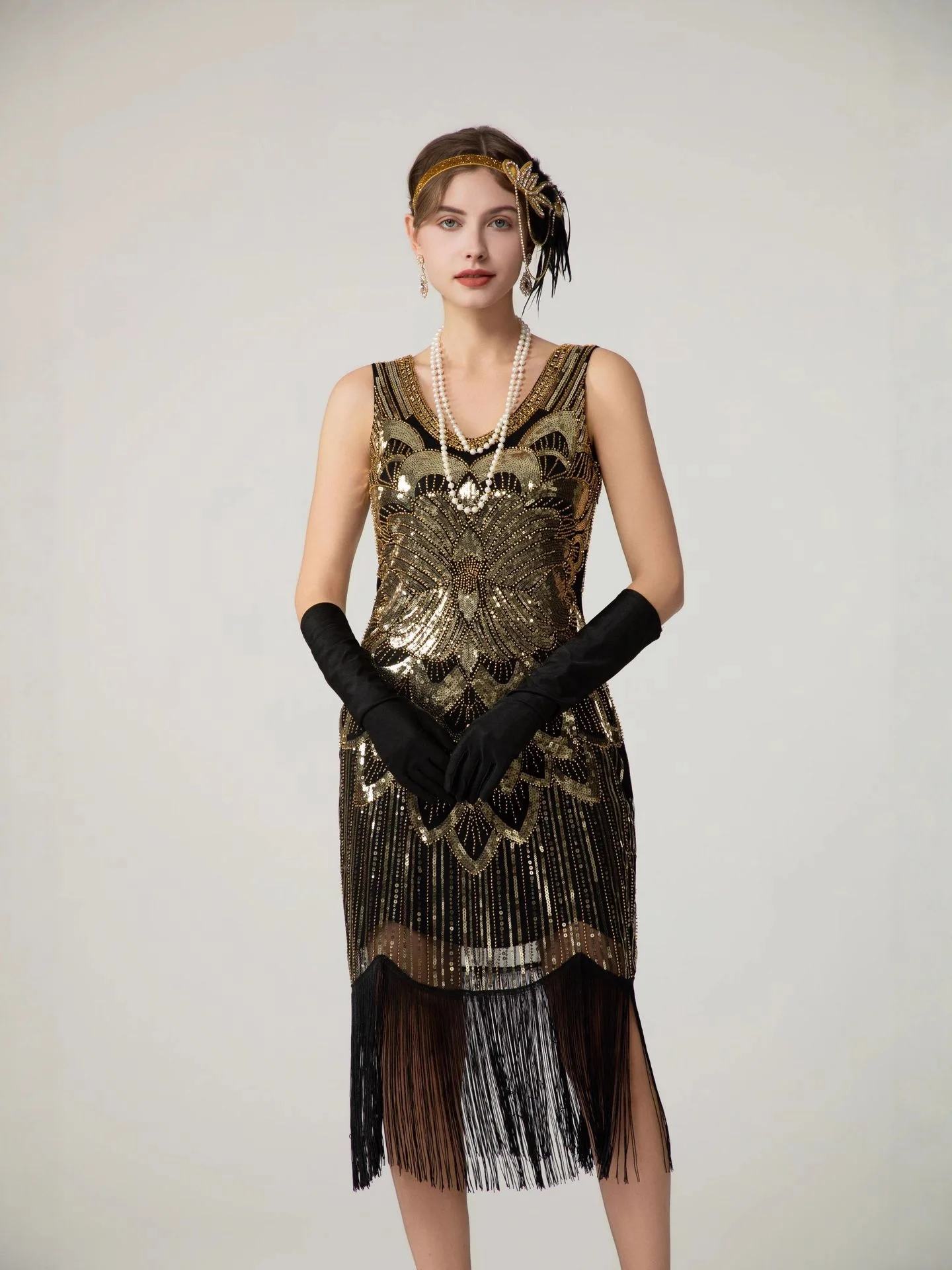 

Retro Beaded Fringe Dr Women's Par Banquet Evening Gown Vest Dr Faionable Polyester Fiber U-Ne Mid-Waist Midi Dr
