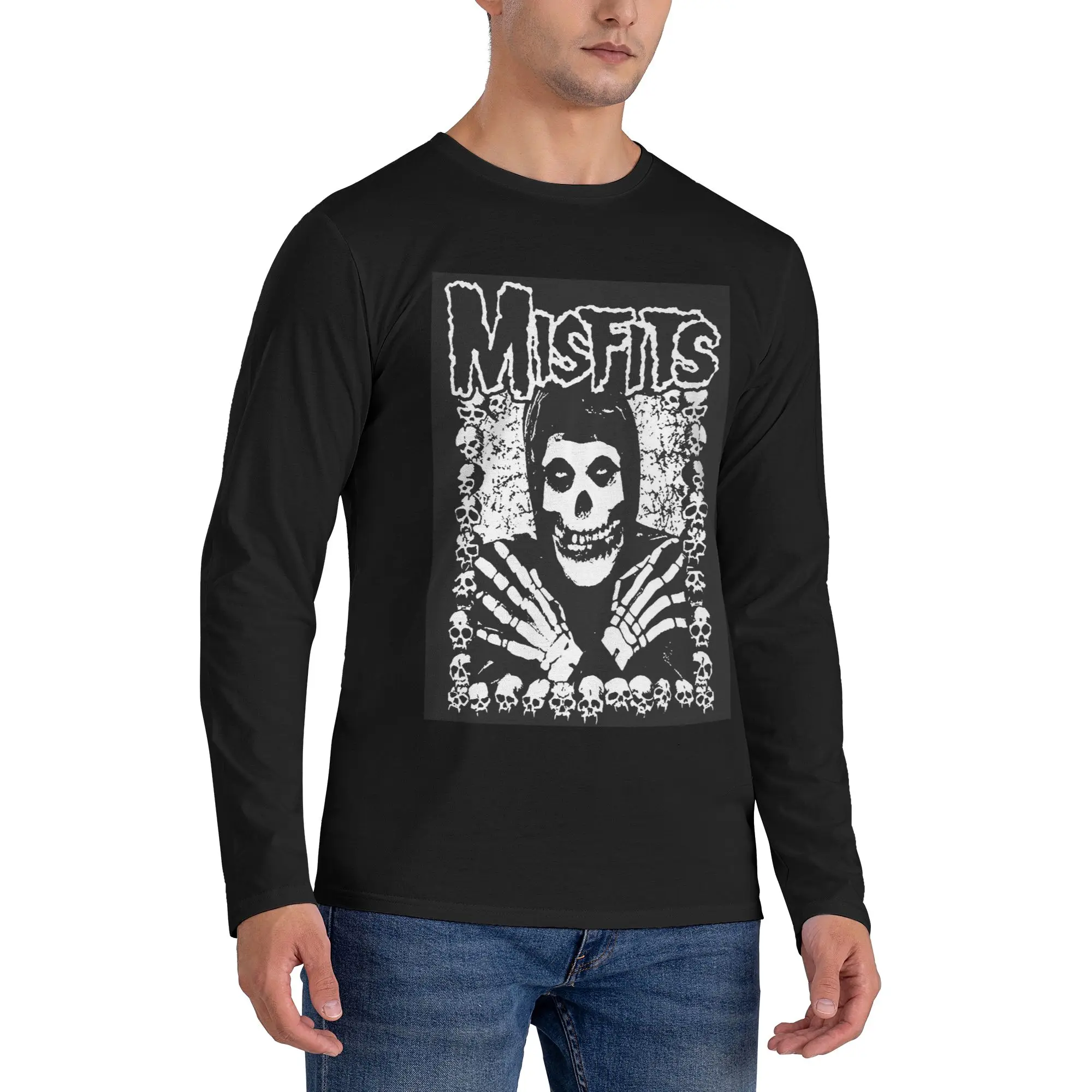 

Misfits Skull Мужская футболка с длинными рукавами Модные футболки с круглым вырезом Весенние и осенние мужские топы