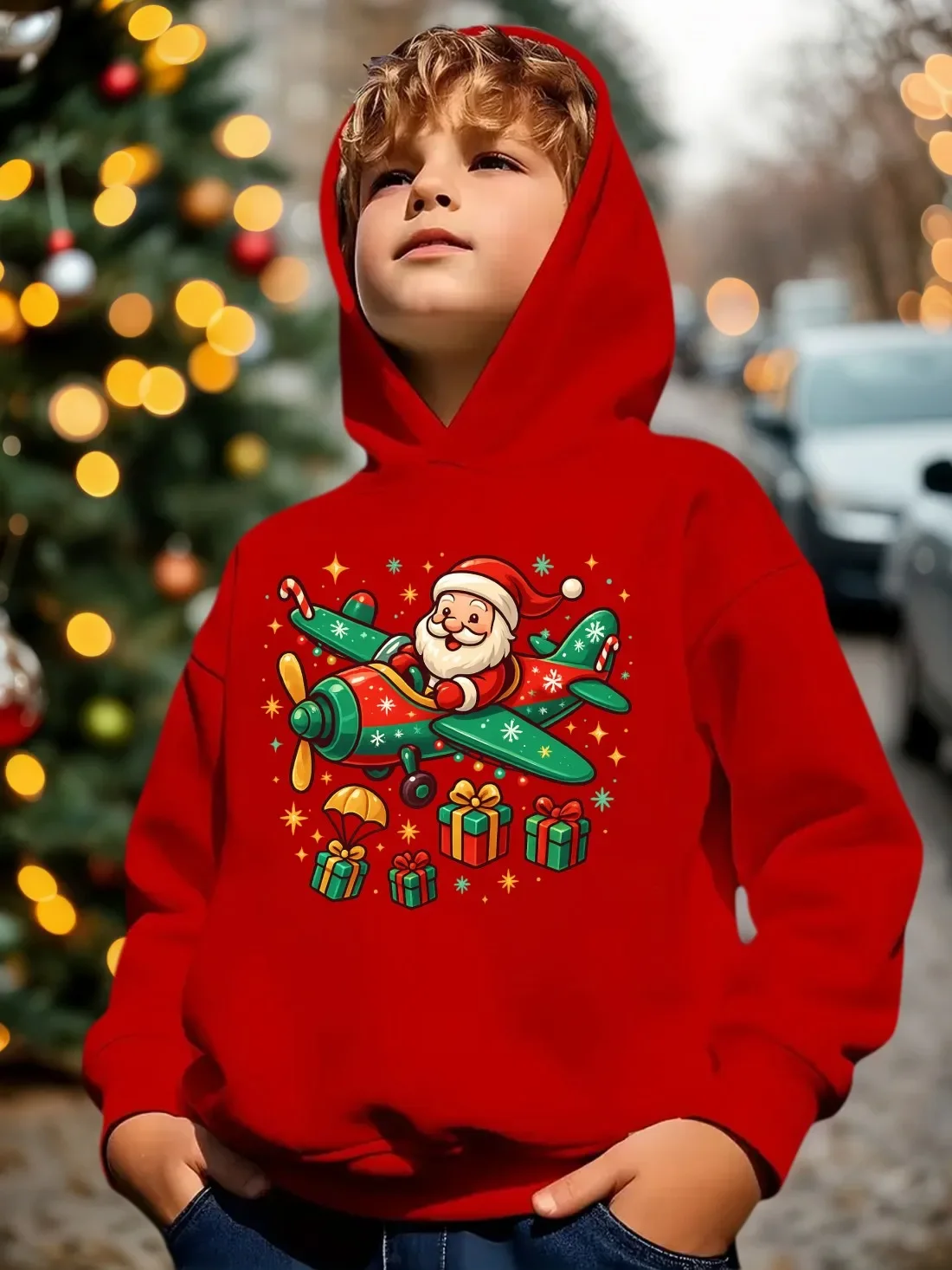 Kids Christmas Hoodie Autumn Winter Fleece Lined Santa Claus Airplane Gift Print Warm Long Sleeve Pullover Sweatshirt