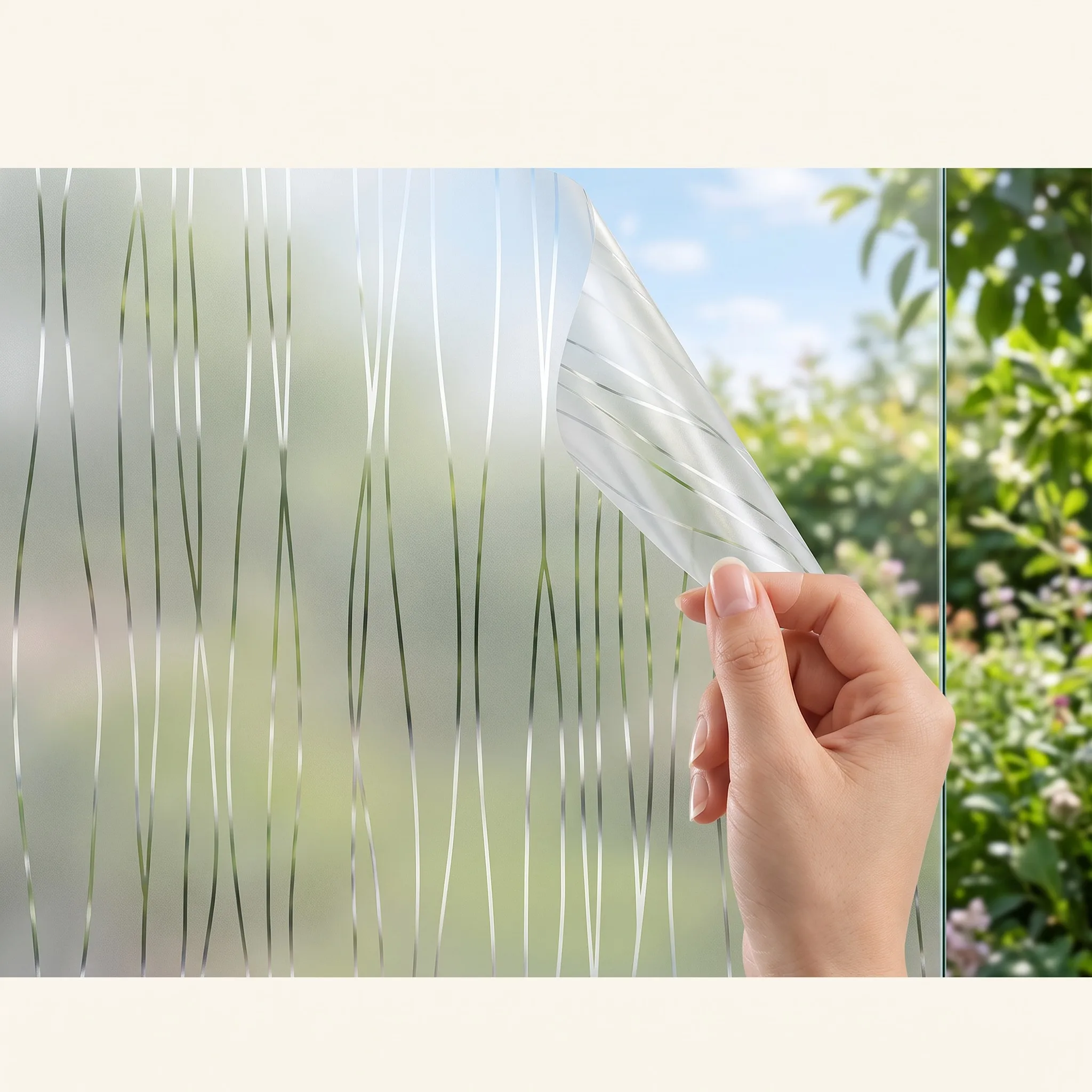 Static Cling No Glue Frosted Window Film Silver Wavy Curve Pattern Privacy Glass Film, Modern Elegant Decor for Bathroom Bedroom