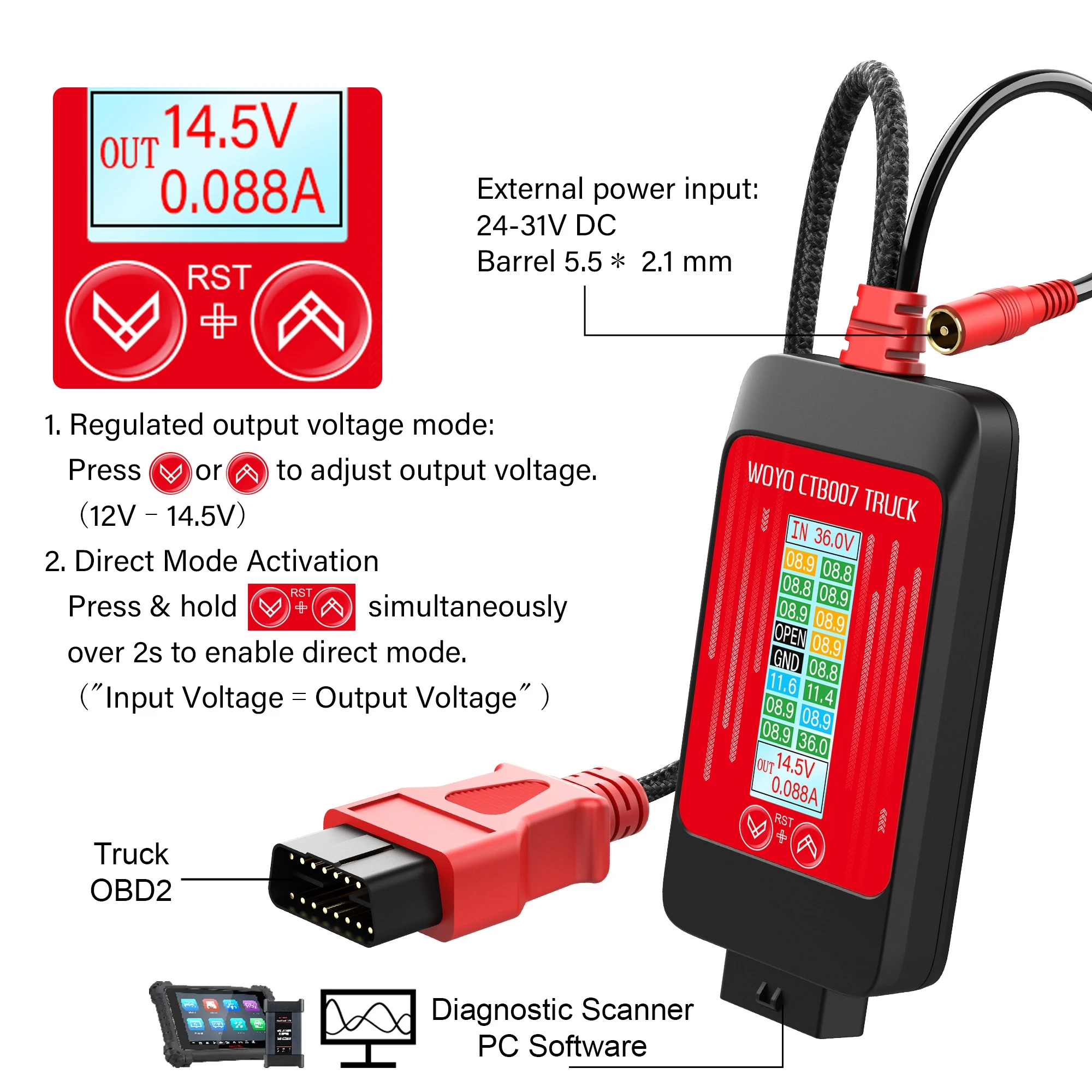 24V to 12V‑14.5V Regulated Output Voltage Converter OBD2 Tester Suitable for Cars Stable Power Supply for Vehicle Diagnostic