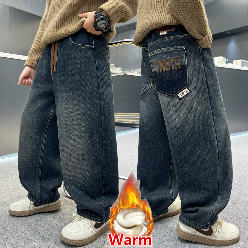 

Kids Retro Thermal Jeans Sweatpants 5-14 Teenage Boys Winter Thicken Corduroy Jeans Trousers For Child Warm Insulate Denim Pants