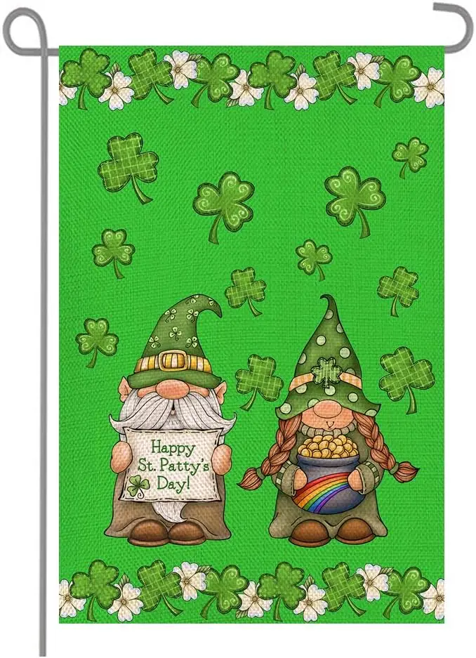 Happy St Patricks Day Double Sided Gnomes Burlap Garden Flag, Seasonal Holiday Outside Porch Patio Farmhouse Yard Outdoor Shamro